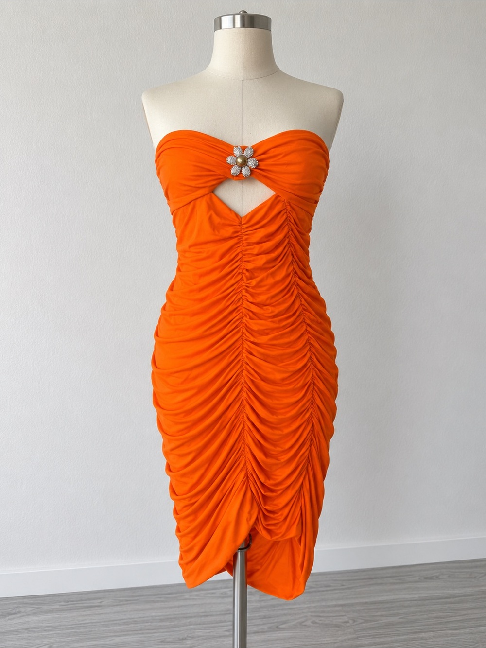 AREA Orange Strapless Ruched Cutout Dress with Center Brooch
